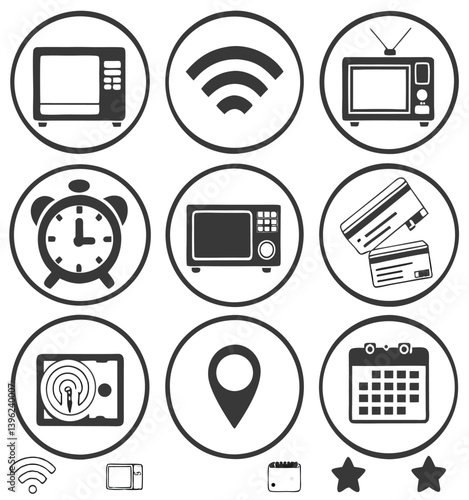 Black and White Flat Icon Set – Calendar, Clock, GPS Pin, Smartwatch, Wi-Fi Signal, Star Favorite, Alarm and Navigation Symbols for App UI and Web Design.