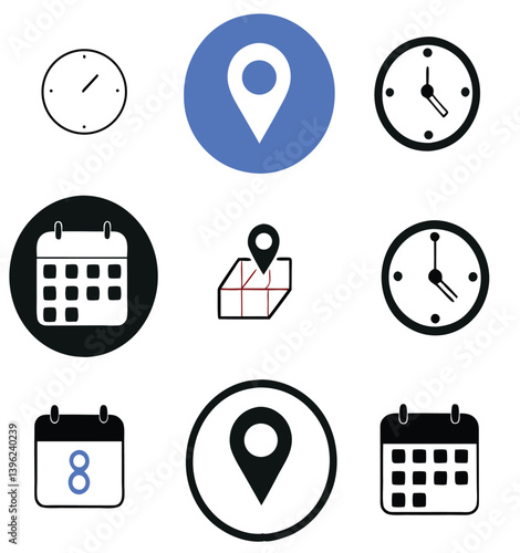 Black and White Flat Icon Set – Calendar, Clock, GPS Pin, Smartwatch, Wi-Fi Signal, Star Favorite, Alarm and Navigation Symbols for App UI and Web Design.