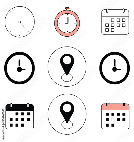 Black and White Flat Icon Set – Calendar, Clock, GPS Pin, Smartwatch, Wi-Fi Signal, Star Favorite, Alarm and Navigation Symbols for App UI and Web Design.