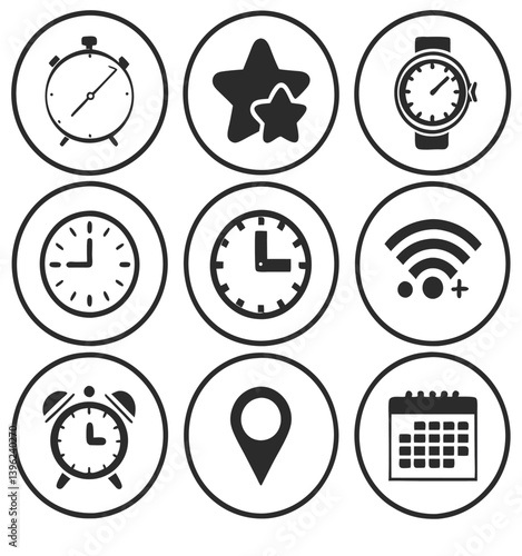 Black and White Flat Icon Set – Calendar, Clock, GPS Pin, Smartwatch, Wi-Fi Signal, Star Favorite, Alarm and Navigation Symbols for App UI and Web Design.