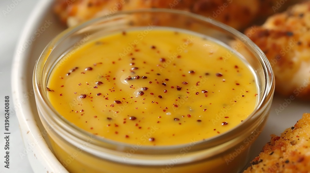 Tangy honey mustard dip a glass ramekin smooth and golden served with crispy chicken tenders and garnished with mustard seeds Tangy honey mustard dip a glass ramekin smooth and golden served with crispy chicken tenders and garnished with mustard seeds