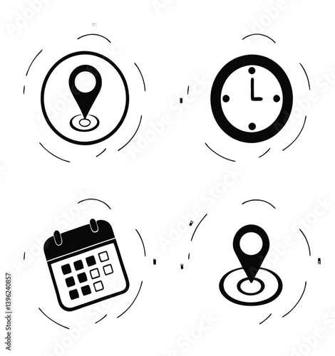 Black and White Flat Icon Set – Calendar, Clock, GPS Pin, Smartwatch, Wi-Fi Signal, Star Favorite, Alarm and Navigation Symbols for App UI and Web Design.
