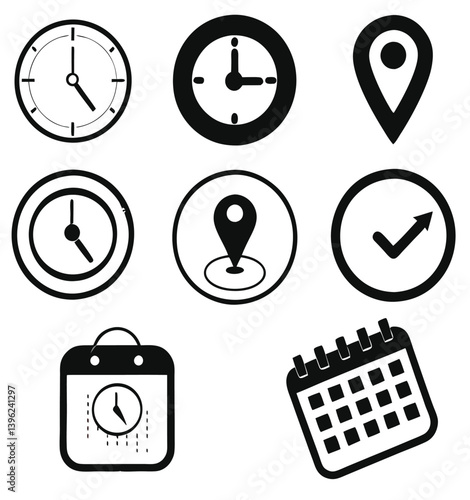 Black and White Flat Icon Set – Calendar, Clock, GPS Pin, Smartwatch, Wi-Fi Signal, Star Favorite, Alarm and Navigation Symbols for App UI and Web Design.