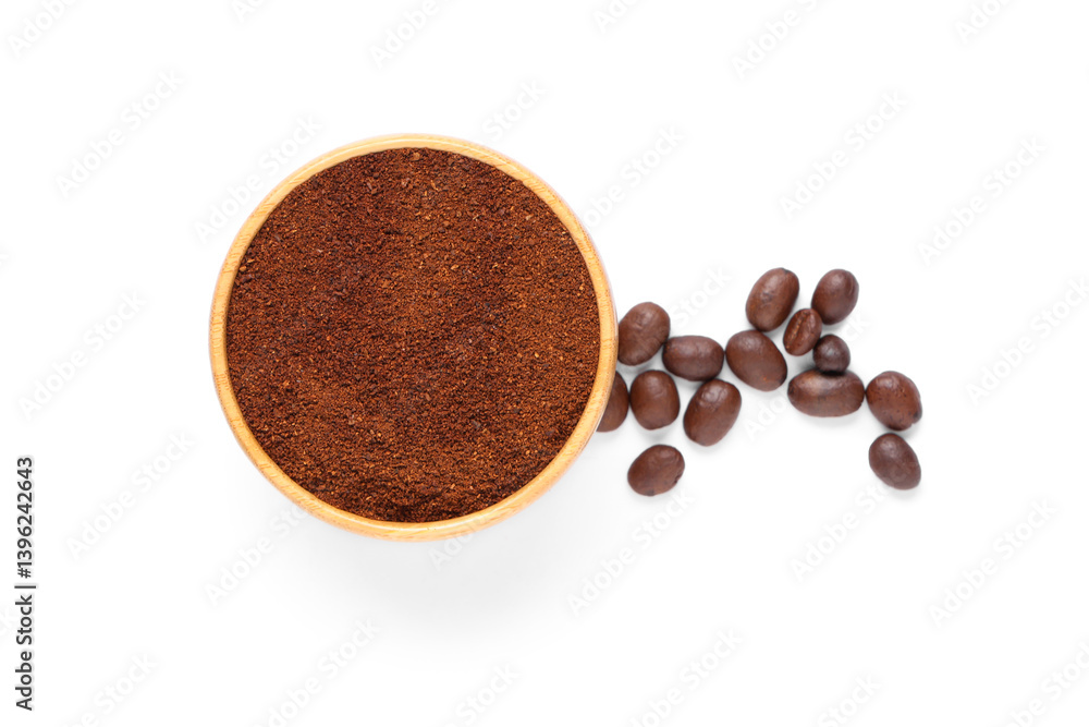 Bowl with coffee powder and beans on white background Bowl with coffee powder and beans on white background
