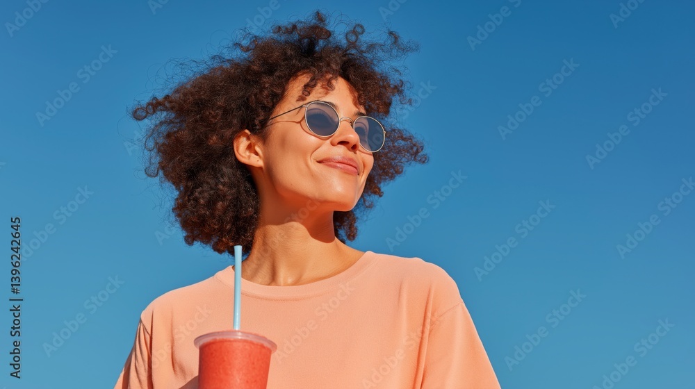 Woman enjoys refreshing drink outdoors under bright blue sky during sunny day.