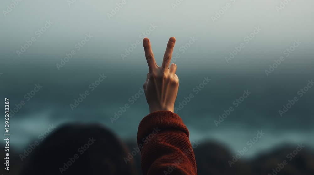 Hand signaling peace against a misty ocean backdrop during twilight hours.