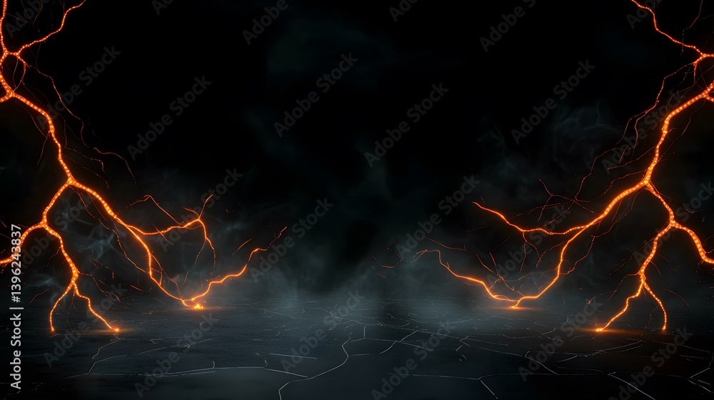 The image shows a dark, cracked surface with orange, lightning-like cracks emitting light, surrounded by smoke. The image shows a dark, cracked surface with orange, lightning-like cracks emitting light, surrounded by smoke.