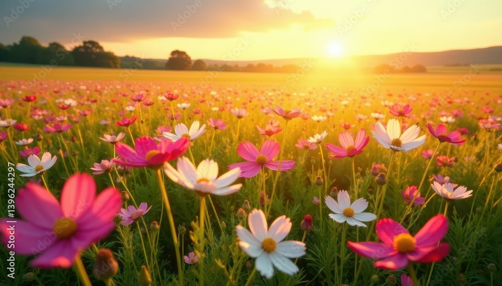 Cosmos flowers blanket a vast field, bathed in golden sunlight , autumn, petal Cosmos flowers blanket a vast field, bathed in golden sunlight , autumn, petal