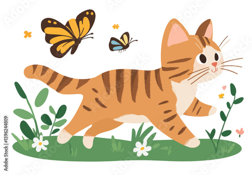 Adorable kitten playfully pursues a butterfly in a stylish contemporary drawing