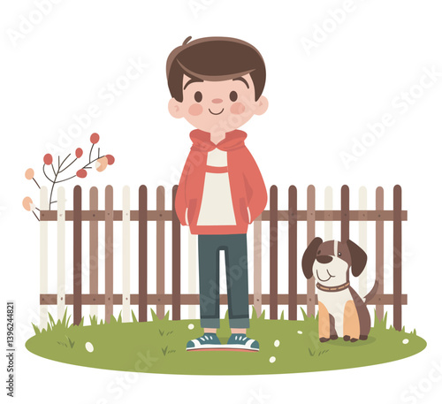 A cheerful youngster and lively canine are depicted in a contemporary two-dimensional artwork