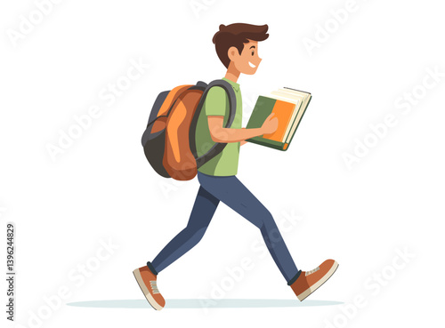 A young boy is depicted running while carrying a backpack and a book in a flat modern art style