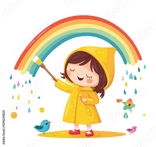 A cheerful youngster is creating artwork beneath a vibrant rainbow in a contemporary flat style of modern art