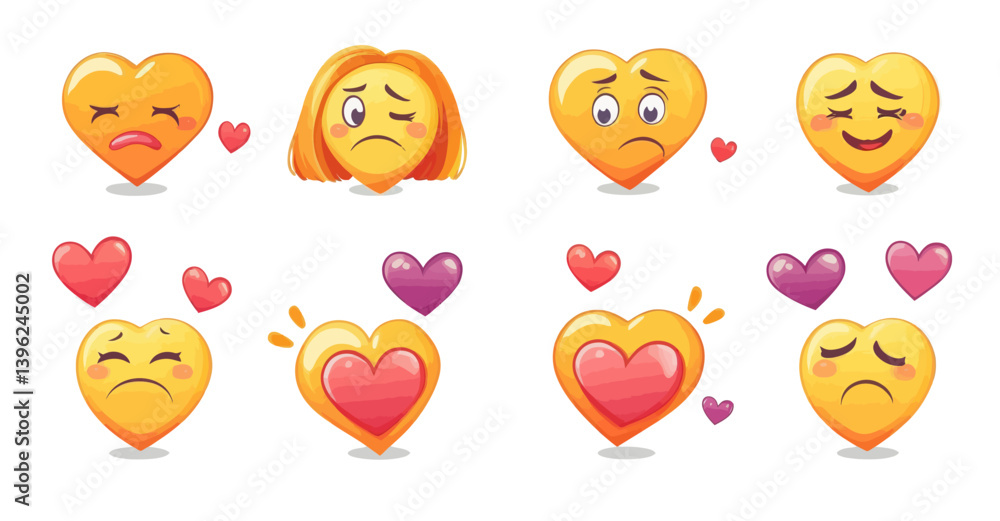 Modern art featuring sad and loving emoji expressions in a flat design style Modern art featuring sad and loving emoji expressions in a flat design style