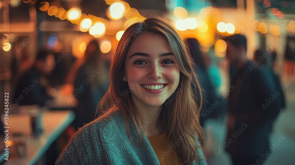 Obraz premium A joyful young woman smiles at the camera, surrounded by friends at a social event. The blurred background creates a bokeh effect, perfect for text overlay.