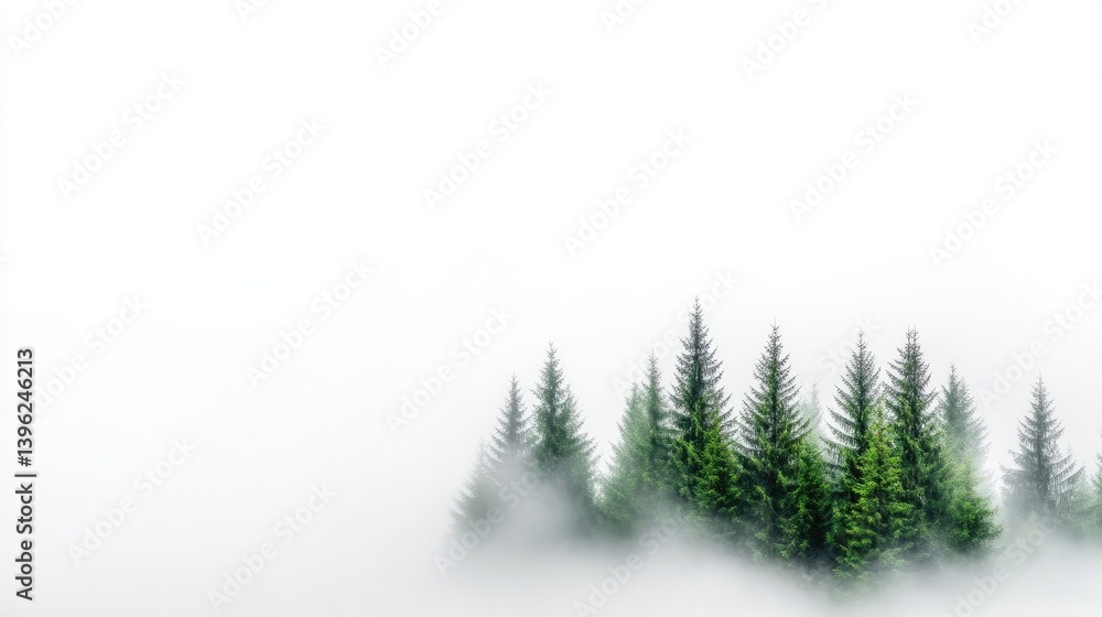 Fototapeta premium Misty forest scene. Coniferous trees emerge from a thick fog