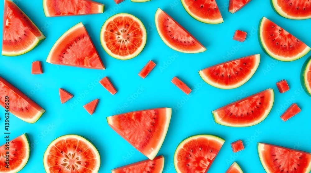 Colorful arrangement of fresh watermelon slices and cubes on bright background Generative AI Colorful arrangement of fresh watermelon slices and cubes on bright background Generative AI