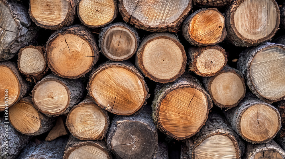 Stacked logs showcasing various textures and wood colors Stacked logs showcasing various textures and wood colors