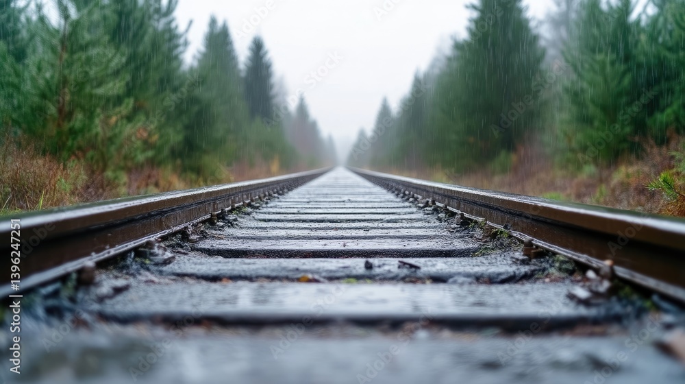 Fototapeta premium Empty railway track leading into a misty forest