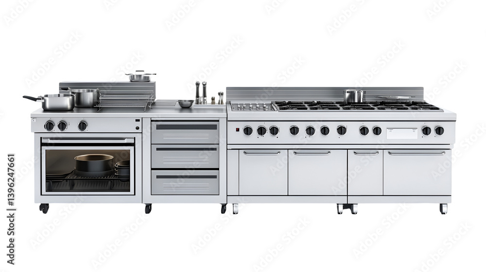 Fototapeta premium Sleek Stainless Steel Restaurant Kitchen Range Oven and Cooktop Ready for Culinary Creations