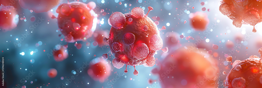 Microscopic 3D illustration of stylized red virus or pathogen cells floating in a biological environment. Represents disease, infection, medical science concept.
Microscopic 3D illustration of stylized red virus or pathogen cells floating in a biological environment. Represents disease, infection, medical science concept.