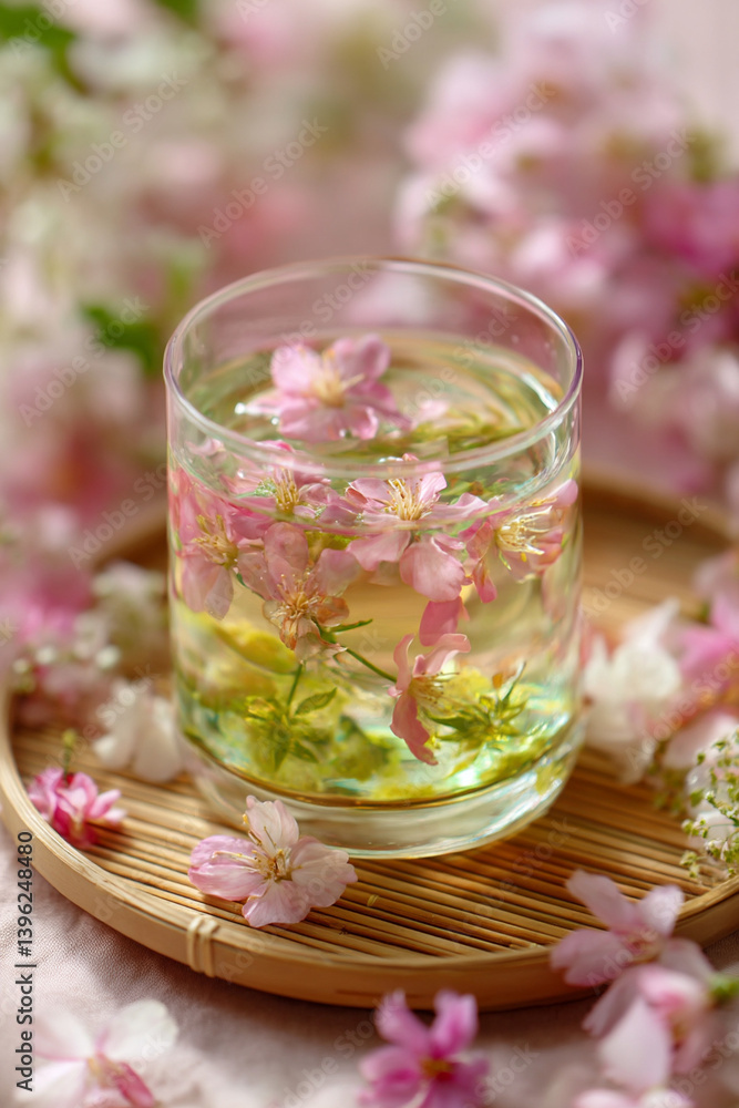 Cherry blossom green tea with floating petals Cherry blossom green tea with floating petals