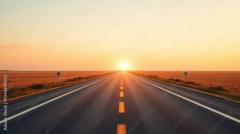 Sunset over a long stretch of asphalt road in open landscape Generative AI Sunset over a long stretch of asphalt road in open landscape Generative AI