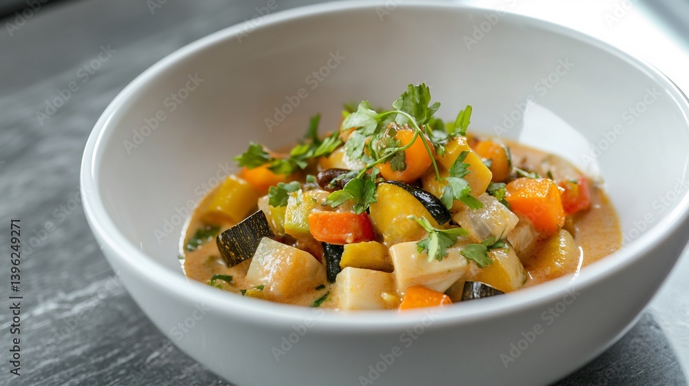 Bright vegetable curry a creamy coconut base and diced vegetables served hot in a white ceramic bowl Bright vegetable curry a creamy coconut base and diced vegetables served hot in a white ceramic bowl