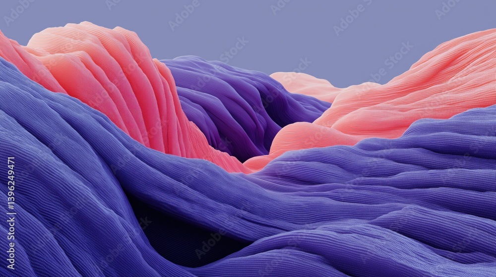 Vibrant waves of colorful textures flowing through a surreal landscape in a peaceful atmosphere, 3d illustration.