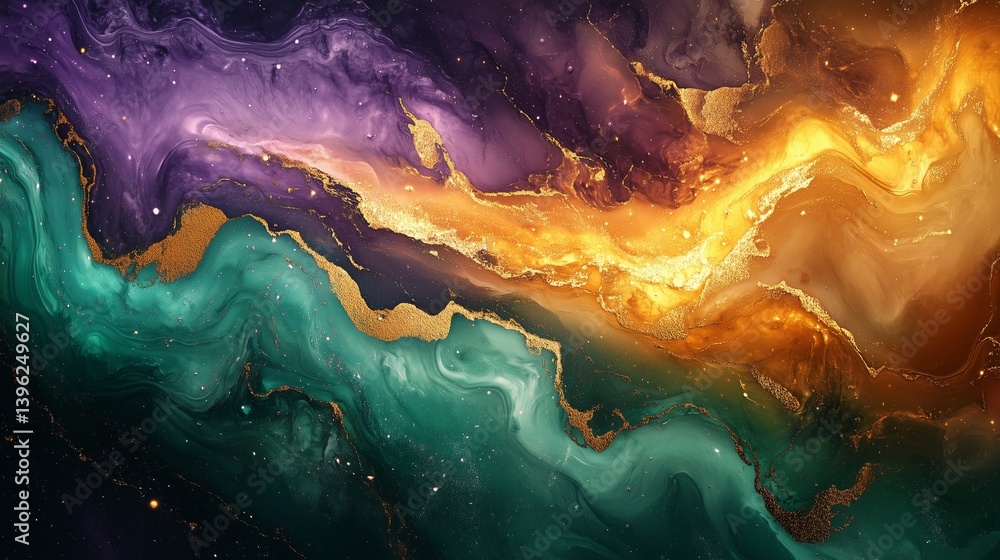 Fototapeta premium Abstract background with swirling waves of dark blue, purple, and gold colors, abstract fantasy background that looks like a deep space light stream, with fluid shapes and glowing highlight.