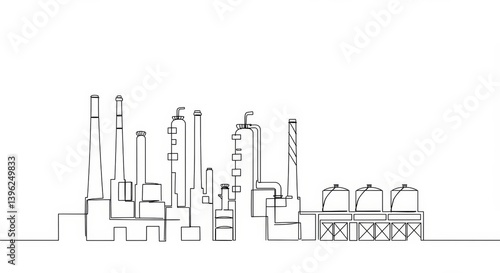 Minimalist continuous line drawing of a refinery depicting industrial complexity