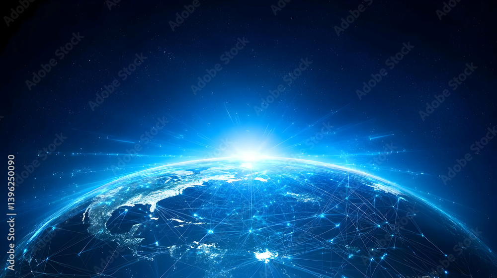 Digital Planet Earth At Sunrise With City Lights And Networks