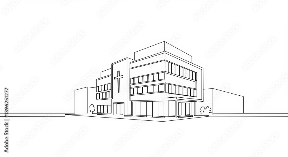 Minimalist Single Line Drawing of a Modern City Clinic with Religious Symbol Minimalist Single Line Drawing of a Modern City Clinic with Religious Symbol