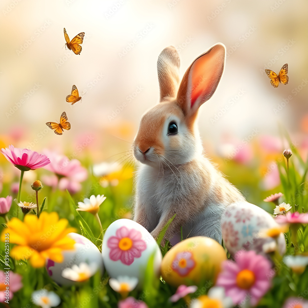 Fototapeta premium Magical Easter Bunny with Colorful Eggs and Butterflies | Springtime Easter nature Art 