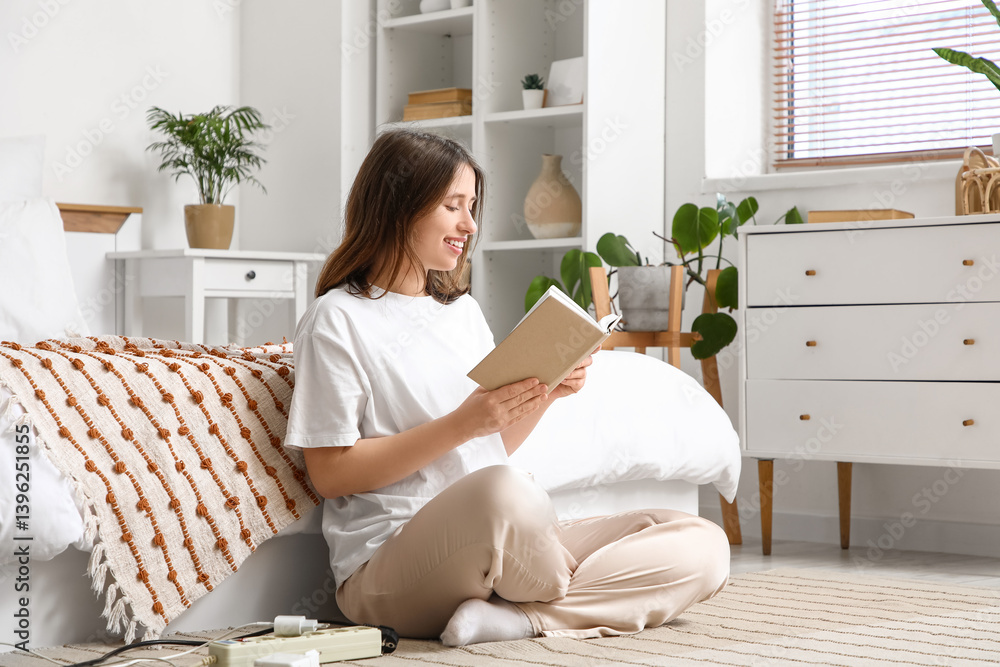 Young woman with plugs reading book in bedroom. National Day of Unplugging