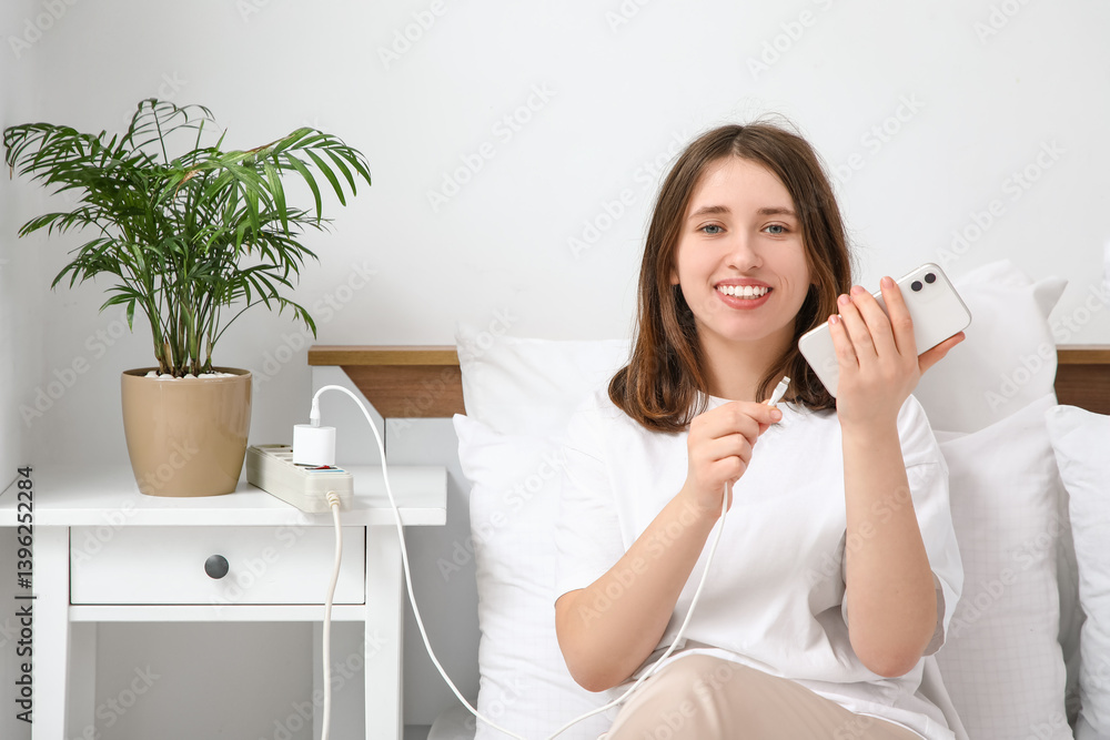 Young woman getting out charger from mobile phone in bedroom. National Day of Unplugging Young woman getting out charger from mobile phone in bedroom. National Day of Unplugging