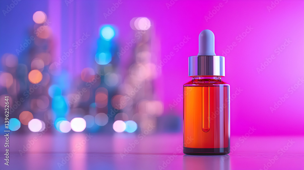 Amber Glass Serum Bottle with Dropper Against a Blurred City Lights Background Amber Glass Serum Bottle with Dropper Against a Blurred City Lights Background
