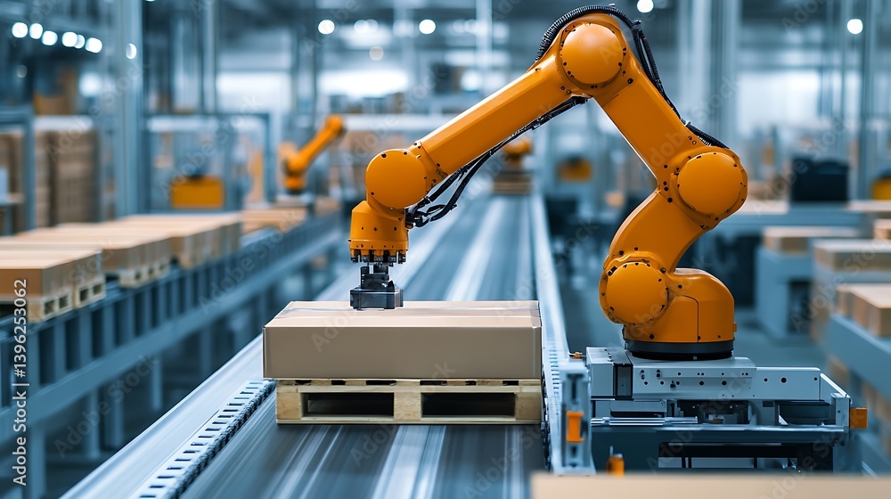 Automated packaging: Industrial robot arm processing cardboard boxes on assembly line Automated packaging: Industrial robot arm processing cardboard boxes on assembly line