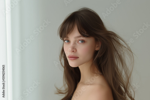 Wallpaper Mural plain background studio shoot European French model with blue eyes and clear glowing skin, mousey brown brunette hair with a fringe bangs fresh clean chic elegant aesthetic matte skin and blush Torontodigital.ca