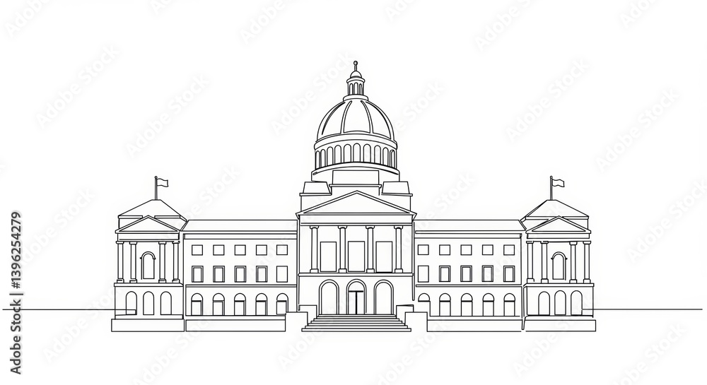 Elegant minimalist line drawing of a classical city hall building facade Elegant minimalist line drawing of a classical city hall building facade