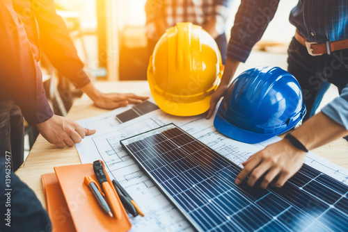 Engineers Collaborating on Solar Panel Design with Hardhats in Construction Environment