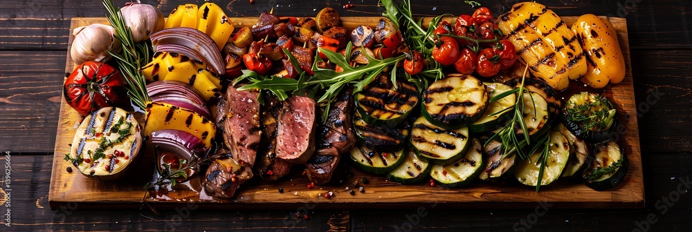 Fototapeta premium Overhead view of a rustic wooden platter laden with grilled food: sliced medium-rare steak and colorful assorted vegetables like peppers, zucchini, onions, tomatoes. 