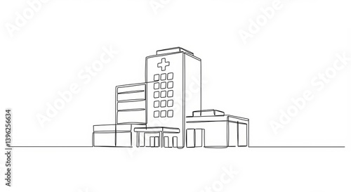 Continuous Line Art: A Minimalist Hospital Facade with Helipad on Rooftop