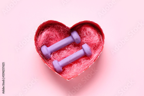 Two purple dumbbells in a h...