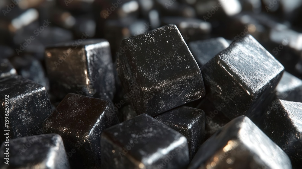 Close-up of shiny black and silver metal chunks arranged artistically, set against a plain background, highlighting texture and contrast in materials. Close-up of shiny black and silver metal chunks arranged artistically, set against a plain background, highlighting texture and contrast in materials.