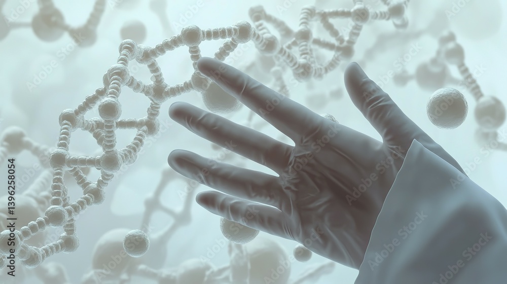 A gloved hand reaching out to explore complex dna structures. A gloved hand reaching out to explore complex dna structures.
