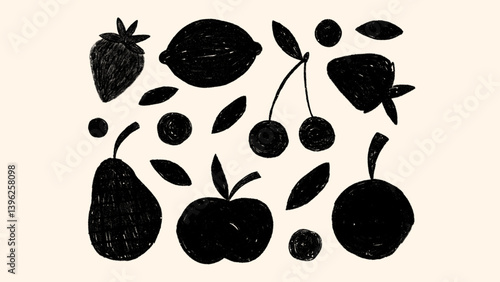 Childish fruit clipart in crayon style. Vector scribble illustrations of fruits — fun sketch elements for school, packaging and print design