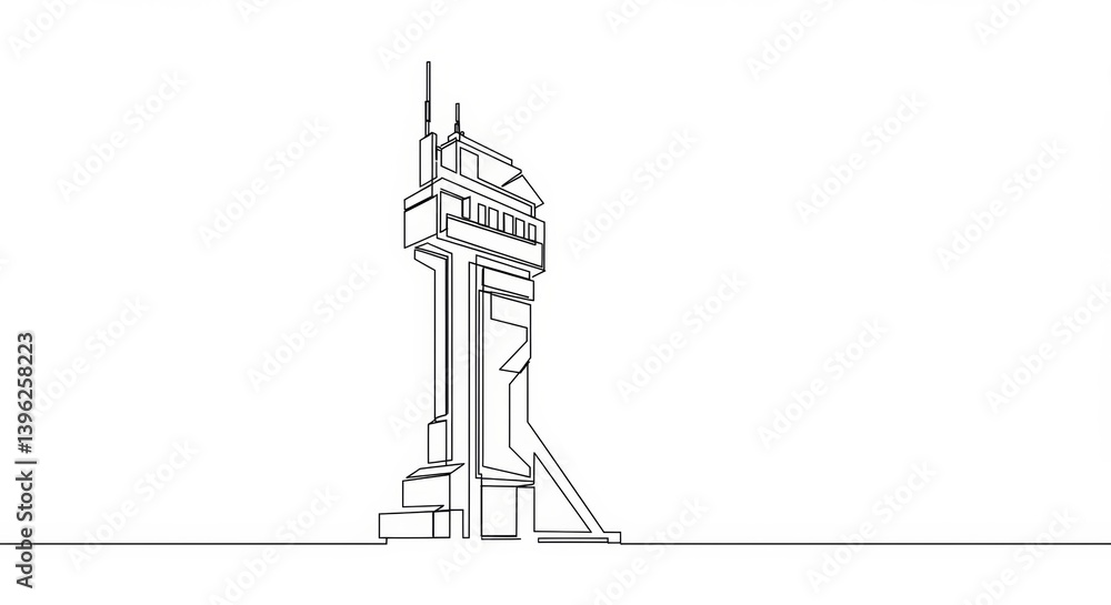 Obraz premium Minimalist one-line drawing of a futuristic tower against white backdrop for modern designs