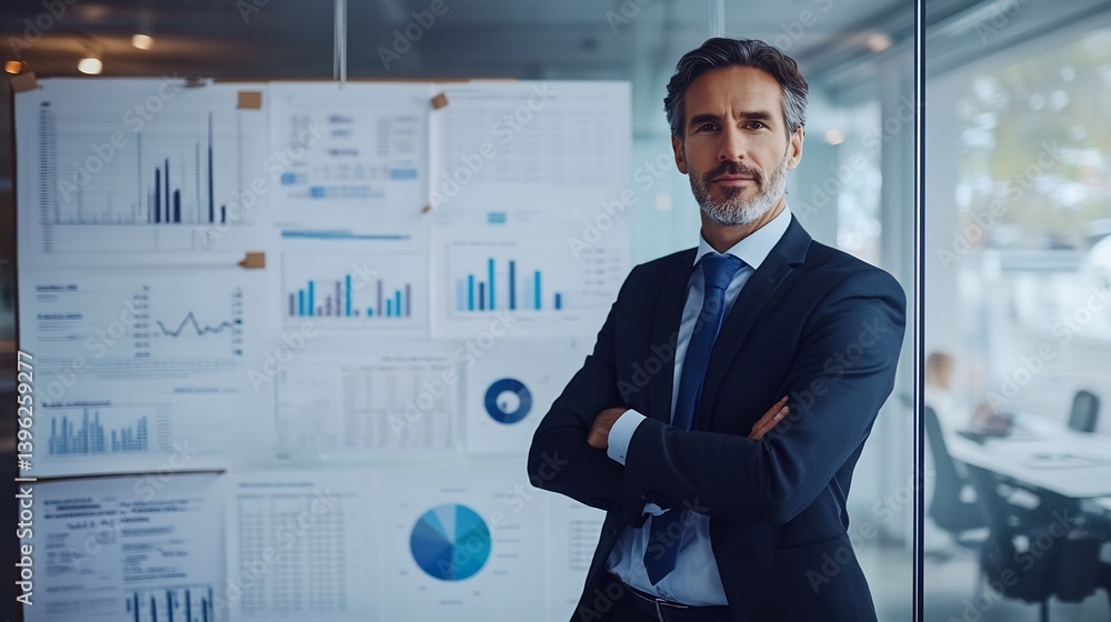 Business executive a well designed office with a backdrop of financial graphs and planning boards Business executive a well designed office with a backdrop of financial graphs and planning boards