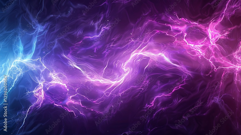Obraz premium Abstract cosmic background displaying vibrant purple, pink, and blue nebula clouds or electrical energy discharges across dark space. Dynamic and powerful concept.