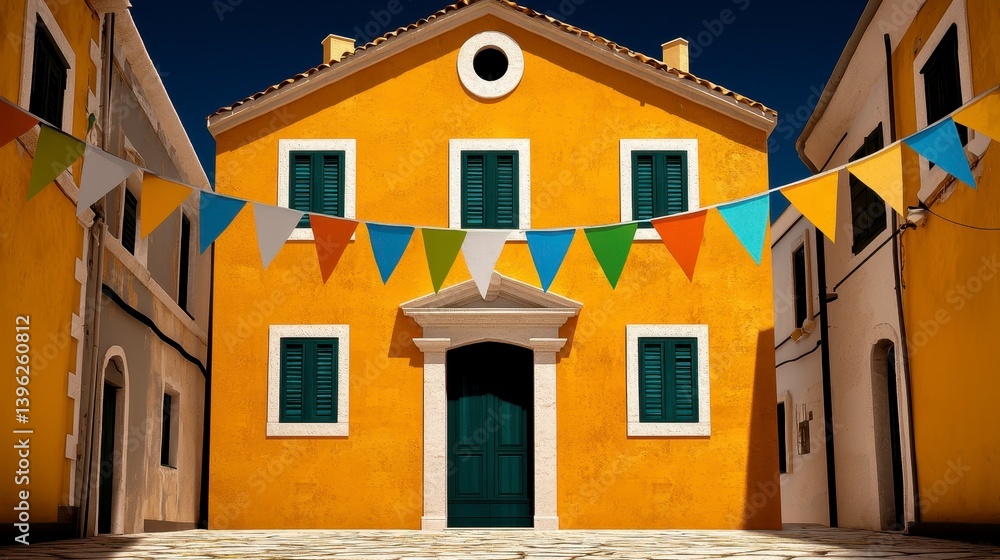 Fototapeta premium Sunny Yellow Building with Festive Bunting in a Charming Street